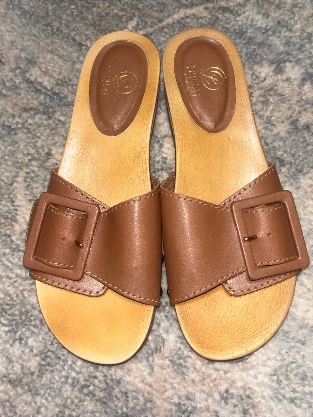 Chinese Laundry Tan Brown Slide Sandals with Buckle